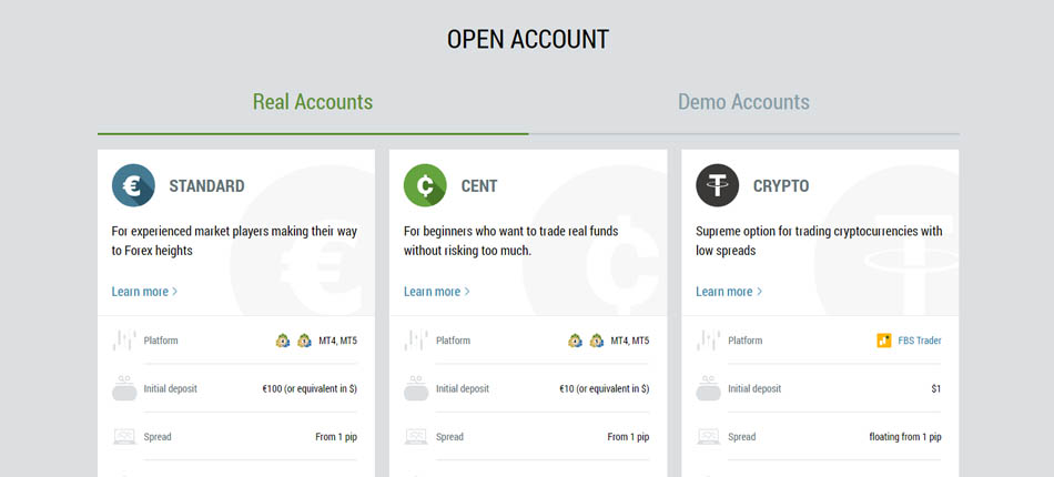 Trade with different account types at FBS Broker