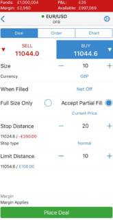 Interface of the IG forex trading app