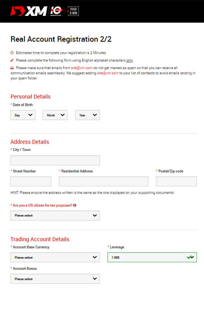 XM forex broker registration form